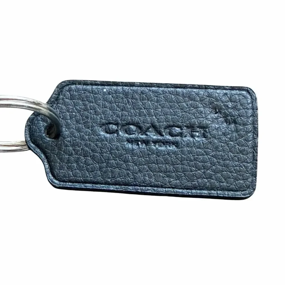 Coach New York Black Pebbled Leather Key Fob Keychain Key Ring Logo Tag